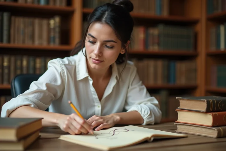 Femme étudiant le symbole de l'infini dans des livres de mathématiques anciens dans une bibliothèque