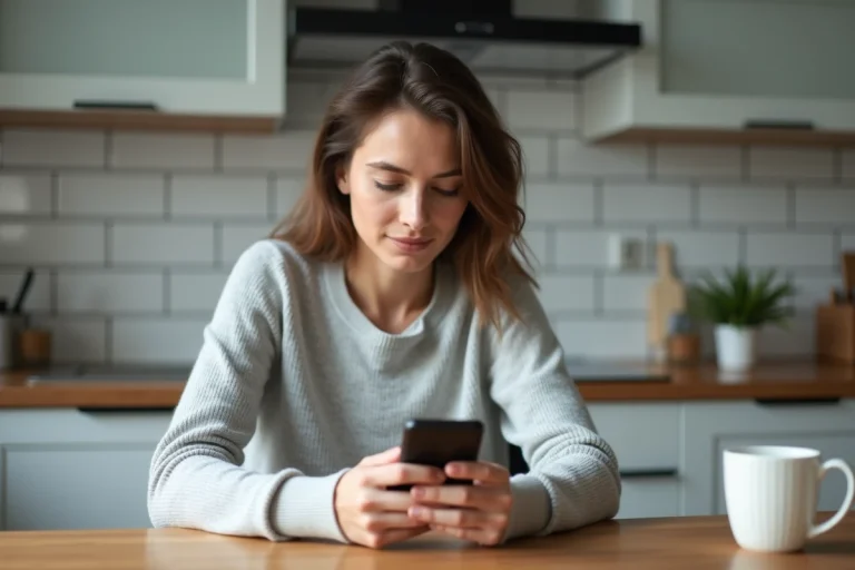 Femme consultant l'application de téléconsultation médicale Livi sur son smartphone dans une cuisine moderne
