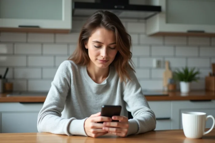 Femme consultant l'application de téléconsultation médicale Livi sur son smartphone dans une cuisine moderne