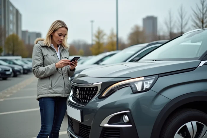 Mujer examinando un sensor de estacionamiento delantero defectuoso en un Peugeot 3008 en un aparcamiento urbano