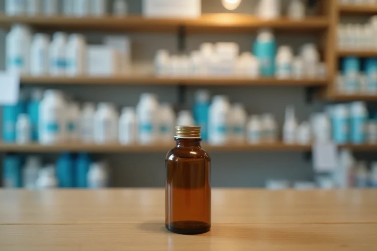 Petit flacon en verre ambré posé sur un comptoir de pharmacie espagnole, évoquant la question de la légalité des poppers en Espagne