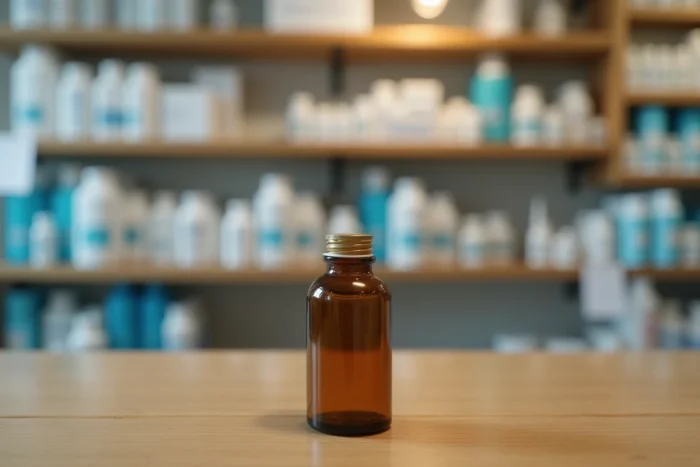 Petit flacon en verre ambré posé sur un comptoir de pharmacie espagnole, évoquant la question de la légalité des poppers en Espagne