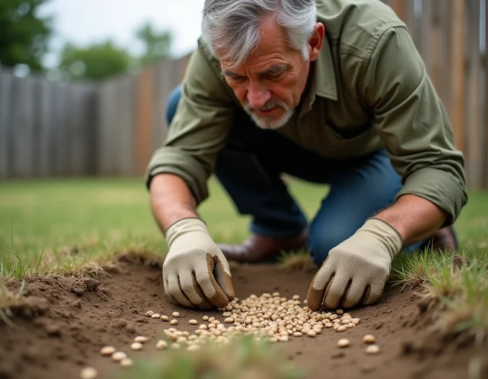 Jardinier examinant des graines de gazon restées en surface sur un sol compact et sec après le semis