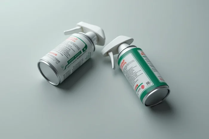 Primer plano de dos bombas lacrimógenas con tapón de seguridad y marcas regulatorias visibles