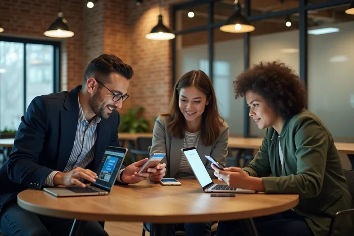 Grupo de profesionales colaborando alrededor de laptops sobre las tendencias digitales en un espacio de coworking