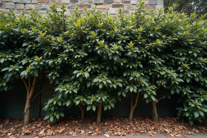 Seto de laurel en jardín mostrando síntomas de fumagina y tallos necróticos relacionados con enfermedades comunes