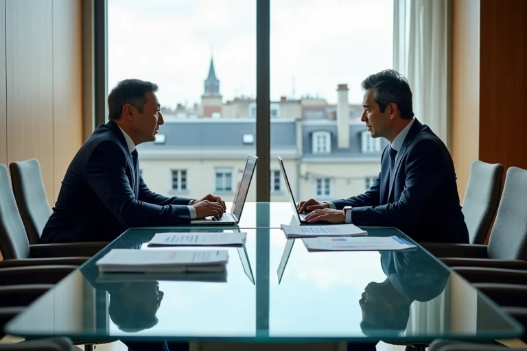 Un homme d'affaires français et un homme d'affaires japonais face à face autour d'une table de conférence couverte de graphiques économiques à Paris