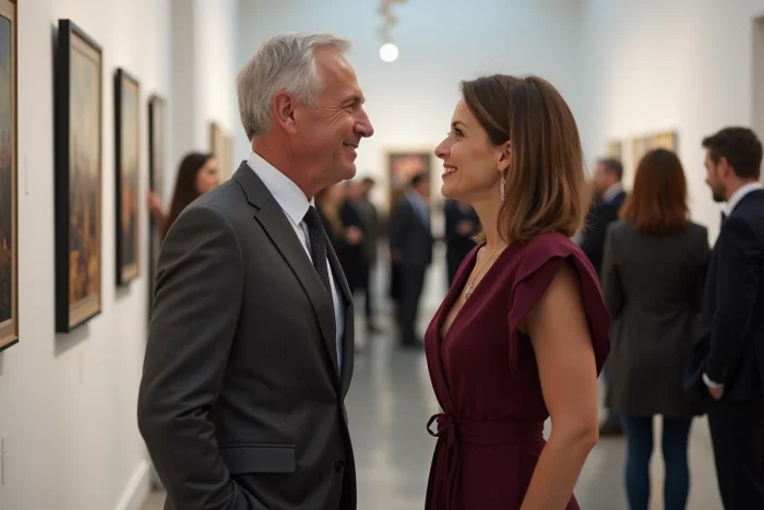 Hombre distinguido con cabello plateado dirigiendo toda su atención hacia una mujer durante una inauguración de arte contemporáneo