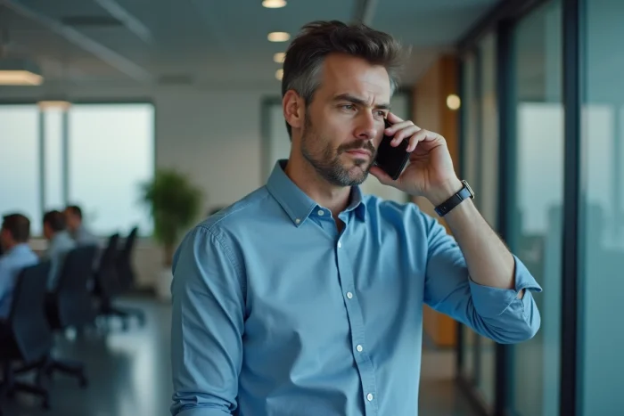 Hombre en traje informal telefoneando para informar sobre una ausencia familiar en la oficina