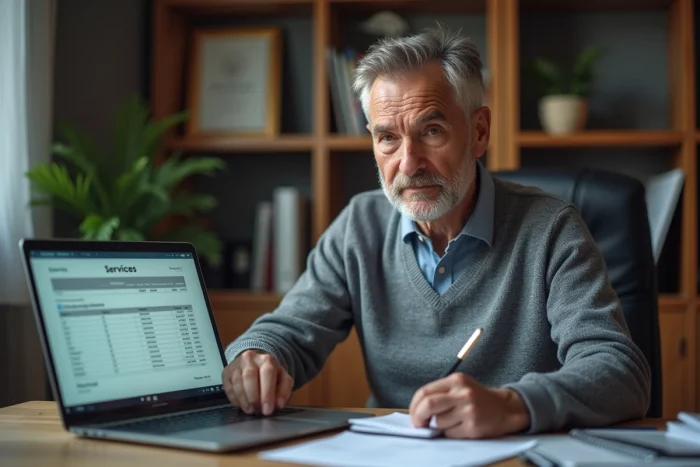 Hombre en su oficina consultando una factura ADMR en su ordenador para controlar y optimizar sus gastos de servicios