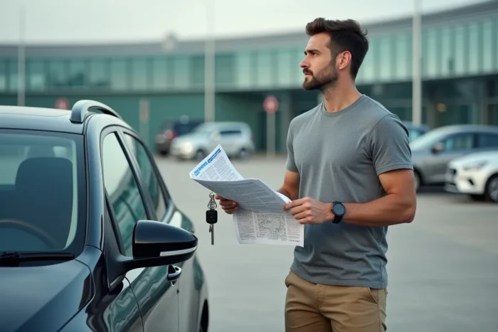 Hombre sosteniendo las llaves de un coche de alquiler y un mapa frente a una terminal de aeropuerto