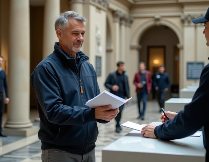 Hombre solicitante de empleo presentando su justificante en la entrada de un museo para beneficiarse de la entrada gratuita