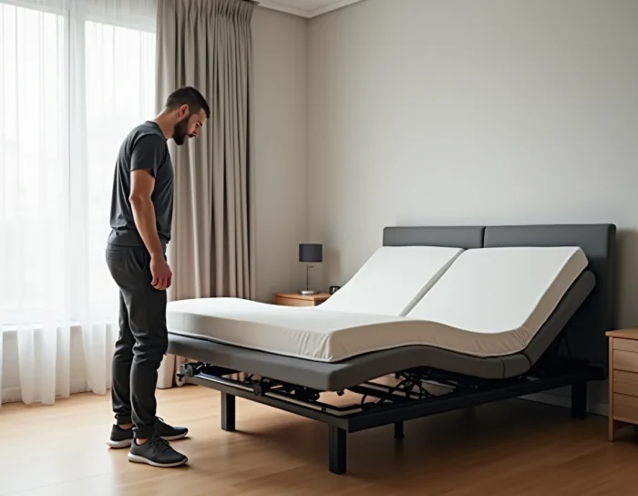 Hombre examinando el mecanismo articulado de una cama eléctrica ajustable en una habitación espaciosa con parquet de roble