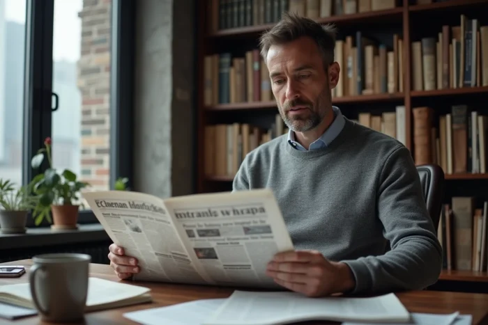 Hombre leyendo el periódico y consultando las noticias en línea en su oficina en casa