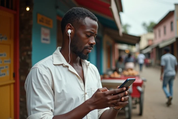 Hombre malgache escuchando música en un smartphone en un mercado animado de Antananarivo