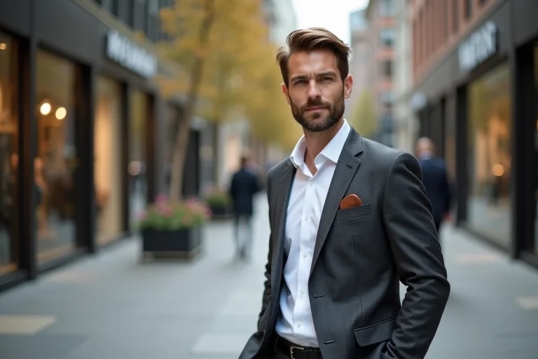 Homme moderne stylé en blazer charcoal dans une rue urbaine contemporaine, tendances mode masculine