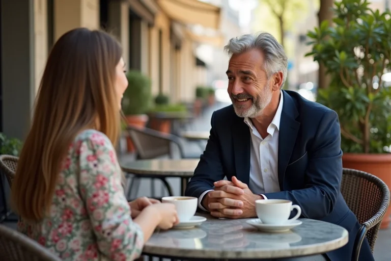 Homme plus âgé attentif et souriant lors d'une conversation complice avec une femme dans un café parisien
