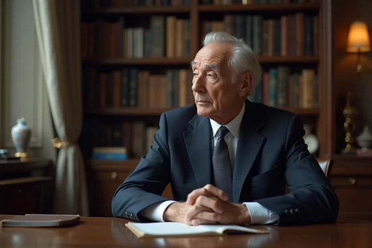 Portrait d'un homme politique âgé au regard déterminé dans un bureau parisien classique, illustrant la résilience face à la maladie