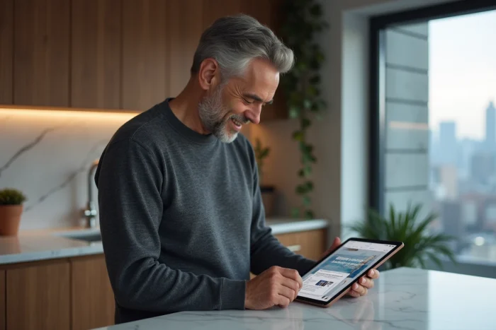 Hombre consultando la actualidad digital en una tableta en una cocina contemporánea