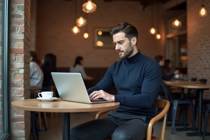 Hombre tendencia trabajando en un café moderno con laptop y café, estilo lifestyle masculino contemporáneo