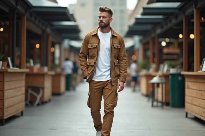 Hombre en chaqueta utility caminando en un mercado de diseño al aire libre, tendencias de moda y lifestyle masculino
