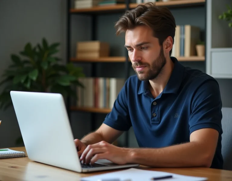 Homme consultant le site Footclubs FFF sur son ordinateur portable dans un bureau à domicile