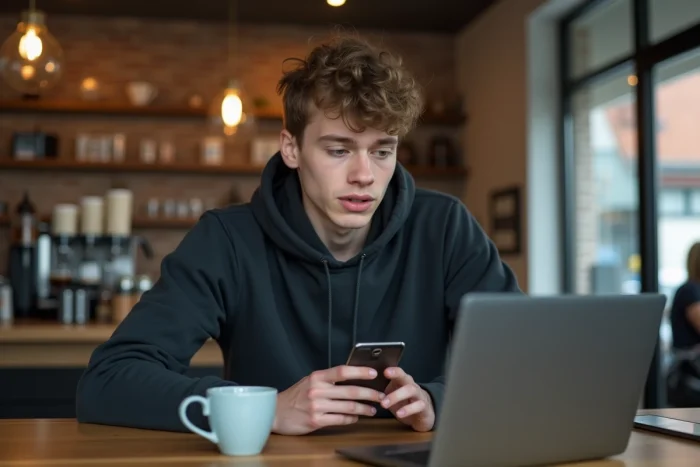 Persona instalando una aplicación APK en un smartphone Android sin pasar por la Play Store en un café urbano