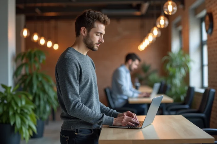 Joven emprendedor trabajando de pie en su laptop en un espacio de co-working dinámico con ambiente de startup