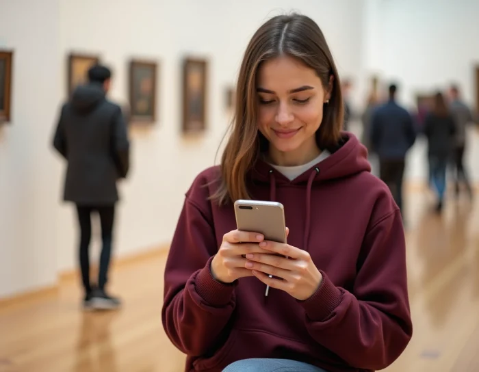 Joven mujer solicitante de empleo consultando su justificante digital en su smartphone en una galería de museo