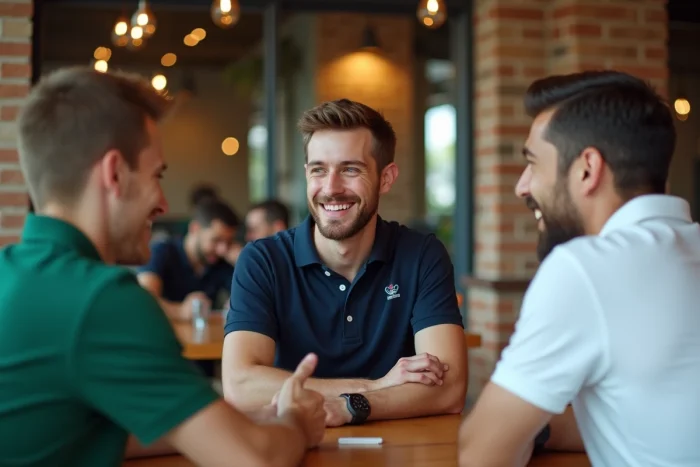 Grupo de jóvenes profesionales vistiendo polos de marcas competidoras en un café moderno, simbolizando la diversidad de la oferta en el prêt-à-porter premium