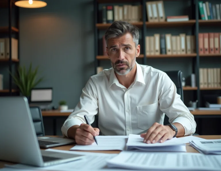 Journaliste analysant des documents dans une salle de rédaction pour vérifier une rumeur sur des personnalités politiques