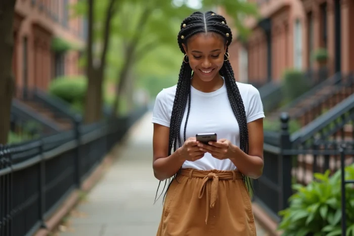 Joven mujer caminando en un barrio residencial americano, ilustrando la vida ordinaria y discreta lejos de la notoriedad familiar