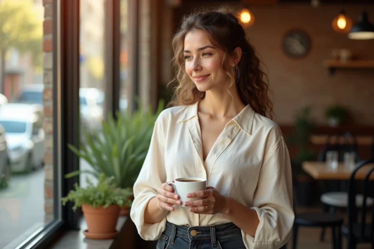 Jeune femme aux cheveux bouclés châtains dans un café urbain, illustrant la discrétion et la vie privée loin des projecteurs