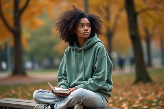 Joven mujer birracial sentada en un parque en otoño con un libro, símbolo de una vida alejada de la celebridad de su hermana Zendaya