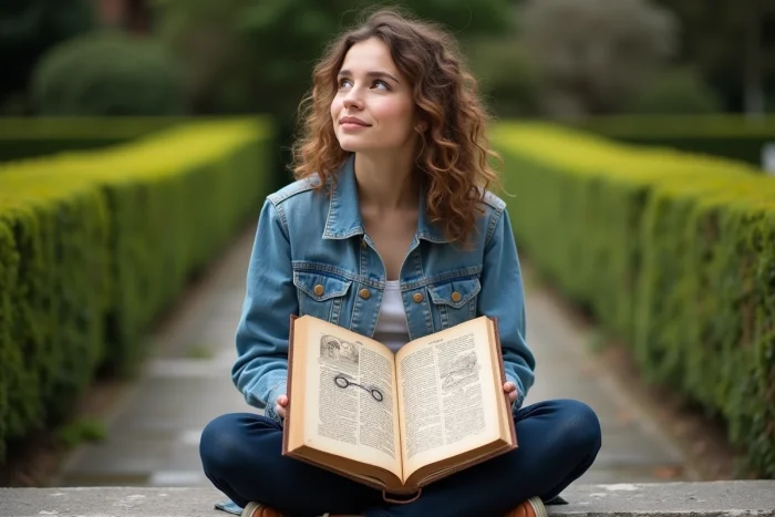 Joven leyendo un libro antiguo sobre el símbolo del infinito en un jardín botánico histórico