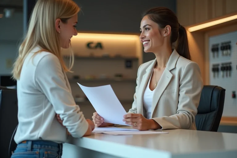 Femme souriant en signant un contrat de location de voiture au comptoir d'une agence moderne
