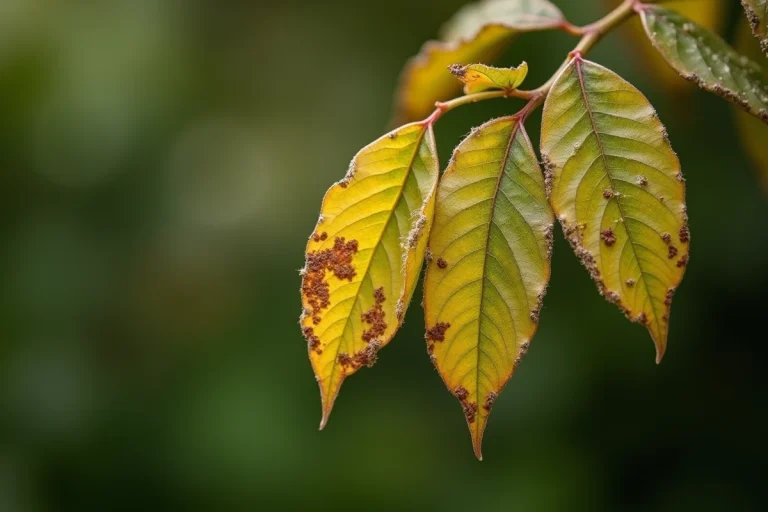 Feuilles de laurier sauce malades présentant des taches brunes et un feuillage jauni causés par une maladie fongique
