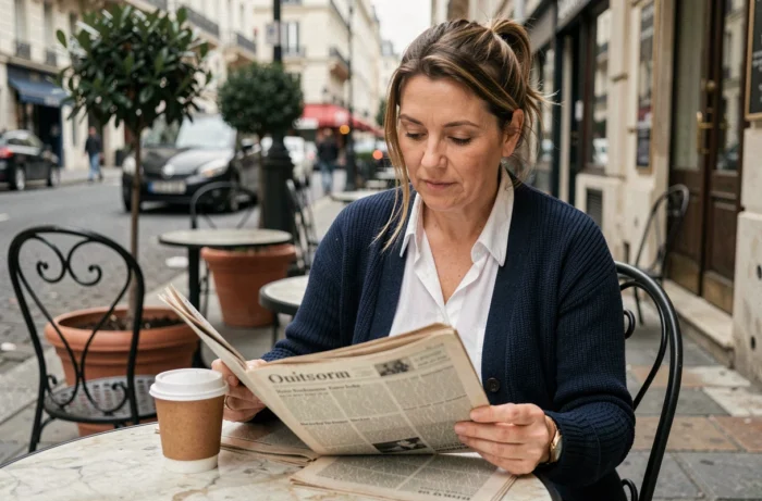 Maman épanouie lisant un journal en terrasse de café dans une rue parisienne avec une ambiance urbaine authentique
