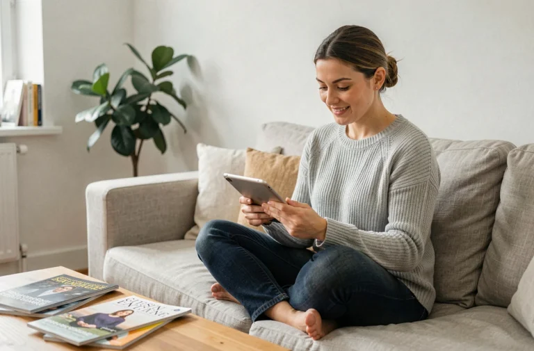 Maman moderne assise sur un canapé en lin parcourant les actualités sur une tablette dans un salon contemporain et chaleureux