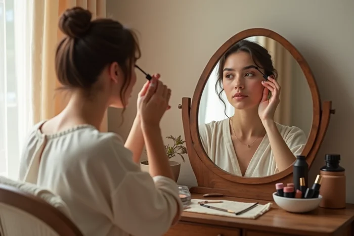 Joven mujer aplicando su máscara frente a un espejo vintage de madera en una habitación acogedora, maquillaje diario