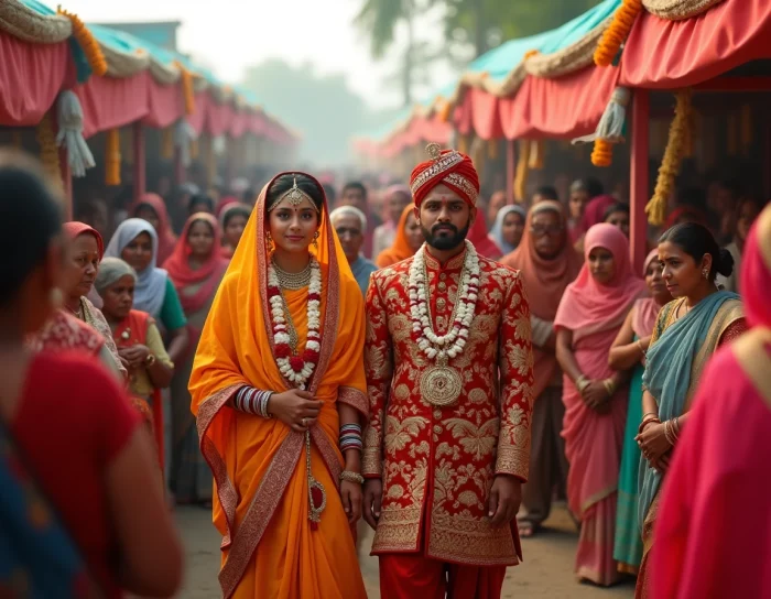 Ceremonia de matrimonio tradicional en un pueblo rural de Asia del Sur rodeado de una familia ampliada que comparte rasgos comunes, evocando prácticas matrimoniales endogámicas