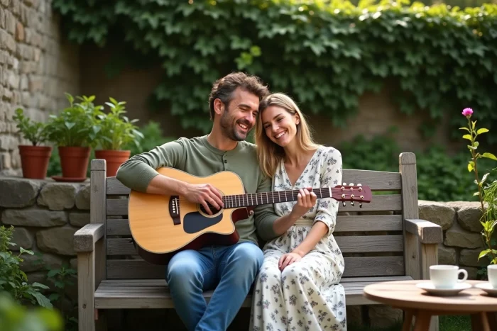 Pareja de músicos compartiendo un momento cómplice en un jardín con guitarra acústica y café