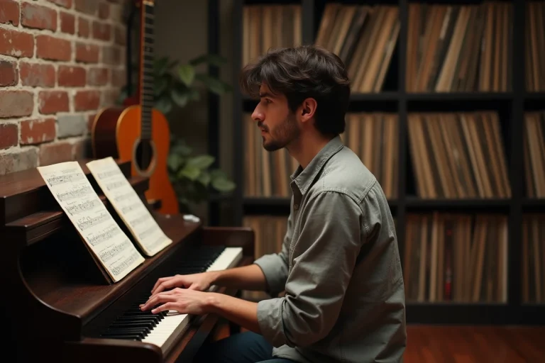 Musicien inspirant assis au piano dans un studio maison vintage avec guitare acoustique et vinyles en arrière-plan