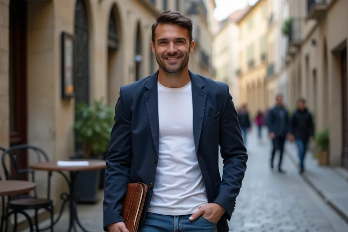 Músico Matthieu Hocque con chaqueta marina en una calle empedrada de una ciudad francesa sosteniendo un cuaderno de notas