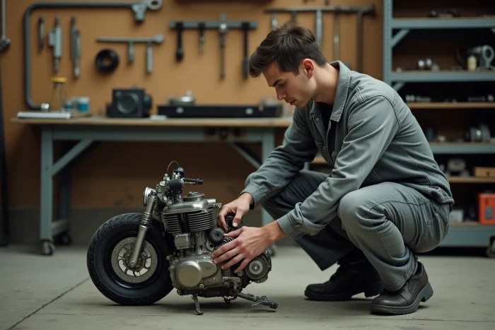 Mecánico inspeccionando un motor 49cc de ciclomotor en un taller de reparación de motos