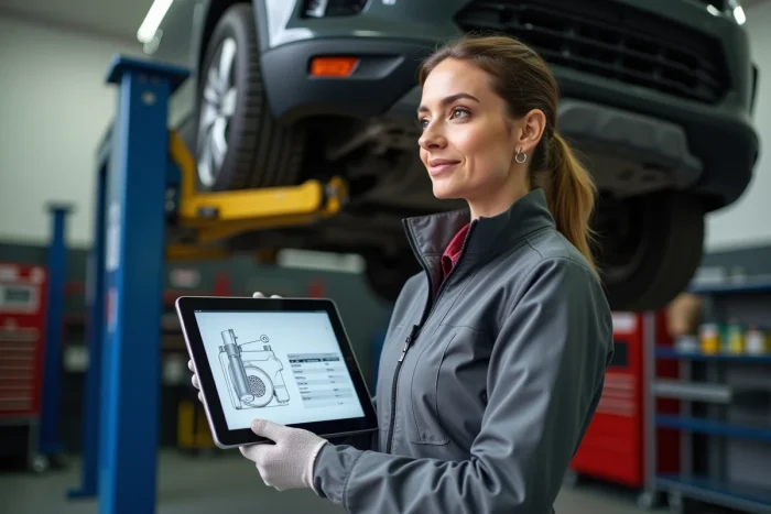 Mecánica utilizando una tableta con HaynesPro en un taller de reparación automotriz