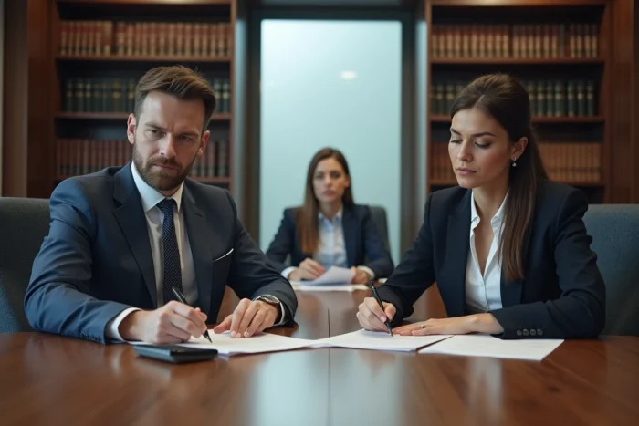 Pareja en proceso de mediación de divorcio en un despacho de abogados con un mediador al fondo