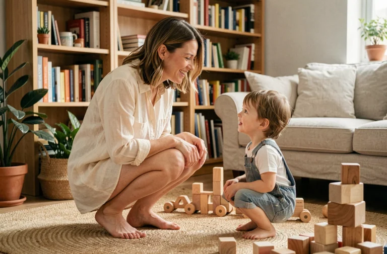 Mère bienveillante à la hauteur de son enfant partageant un moment de communication positive dans un salon chaleureux