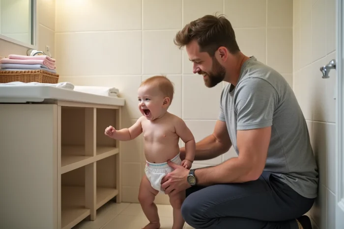 Padre cambiando el pañal de su bebé de tres meses en una mesa de cambiar en un baño limpio y organizado