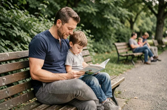 Père lisant un livre illustré avec son enfant sur un banc de parc dans une atmosphère détendue et bienveillante
